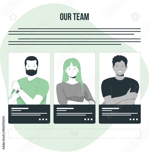 Diverse team members illustrated in a modern flat design interface with placeholder text