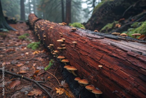 Fallen Redwood Log Displaying Clusters of Mushrooms in a Dense Forest, Showing Nature's Cycle