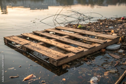 Floating Remnants of a Wooden Pallet Decaying in Calm Waters near the Shore