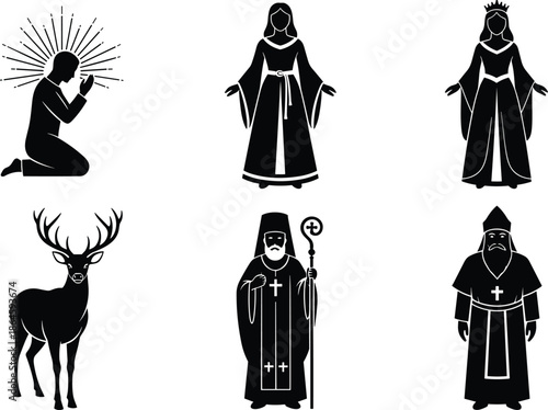 religious, silhouette, saint, clergy, prayer, cross, robe, deer, spiritual, icon, vector, illustration, black, white, graphic, design, divine, worship, faith, sacredreligious, 
