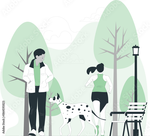 Couple strolling with dalmatian dog in serene park environment illustration