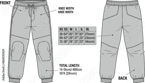 Pants technical sketch, front and back view, fashion flat, garment construction, measurement chart, apparel template, black vector, clothing design, pattern layout, production spec