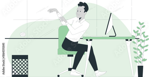 Man sitting at desk in office holding golf club