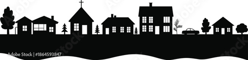 Village skyline silhouette illustration, houses church trees car, rural town landscape, black vector background, minimal design, flat style graphic isolated