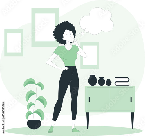 A woman contemplating in a serene, green-toned room with decor