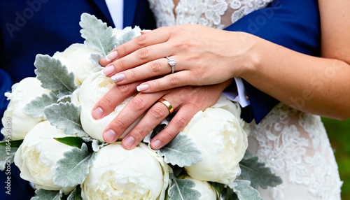 Wedding Rings on Bouquet with Couple Hands