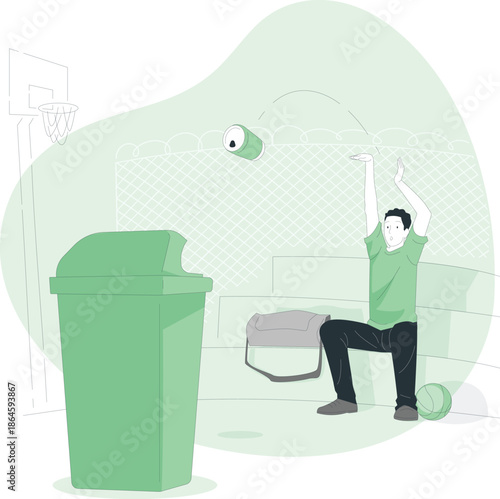 A man throwing a basketball into a green trash can in a basketball court