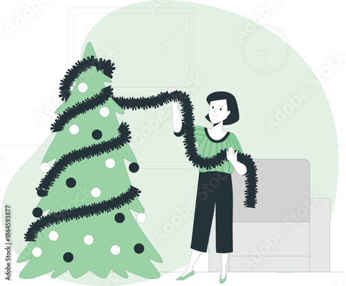 Woman decorating a Christmas tree in a living room with festive ornaments and garlands
