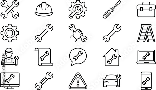 Repair tools icons, maintenance symbols, technical support vector, construction service illustration, black line design, cad drawing flat vector illustration