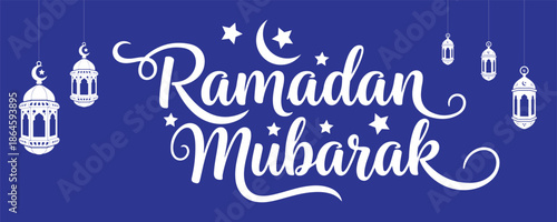 A Ramadan Mubarak greeting card with white lanterns and stars on a blue background