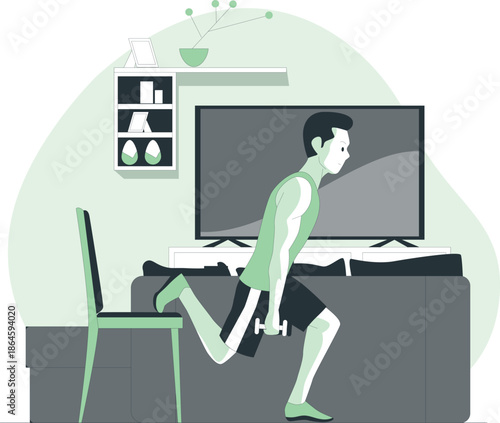 Man exercising at home with dumbbells in front of a television