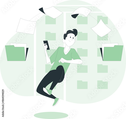 A woman surrounded by floating files and documents in a modern office environment