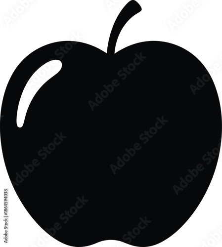 A black silhouette of a shiny apple with a stem on a white background