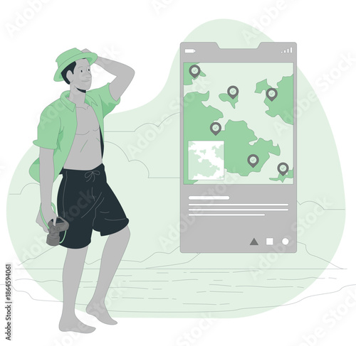 A traveler stands beside a large map display on a digital device, planning a journey through various locations marked on the map.