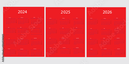 Set of 12 Pages Monthly Calendar Planner Templates on  2024,2025,2026 year. Vector mockup of a wall or desktop calendar with the week starting on Monday for printing.