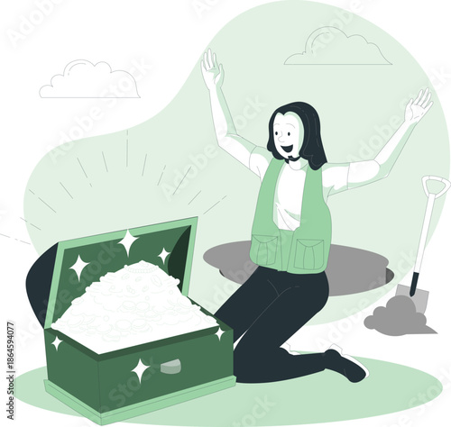 Woman Discovering Treasure Chest Filled with Diamonds in a Garden