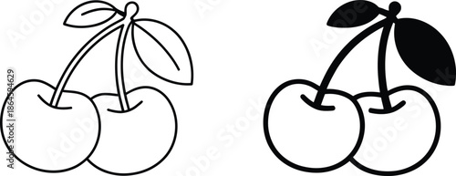 A black and white illustration of two pairs of cherries with leaves on stems