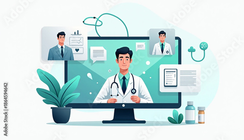 Futuristic Telemedicine Health Vector Illustration with Digital Consultation