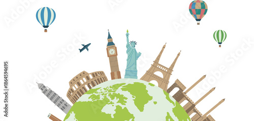 World travel illustration with global landmarks, tourism concept, airplane and hot air balloons, colorful vector earth design isolated