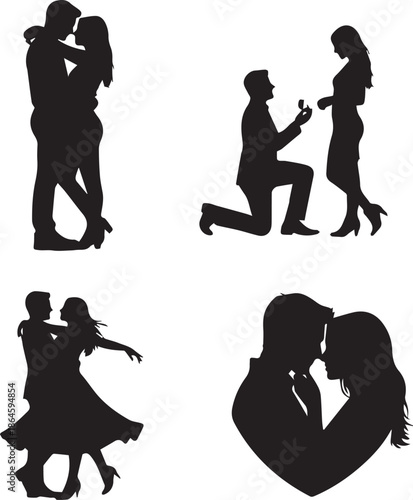 Romantic couple silhouettes set for wedding, engagement proposal, dancing, and hugging