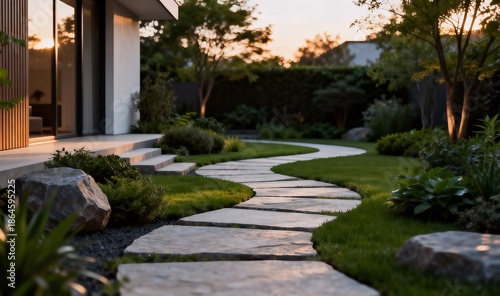 Wallpaper Mural 柔らかな夕方の光に照らされたミニマルデザインの現代住宅裏庭写真 Torontodigital.ca