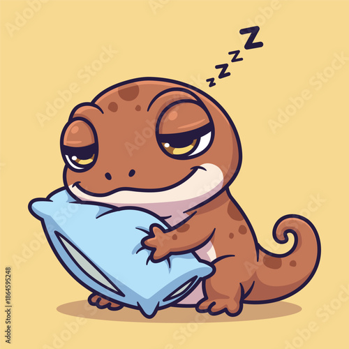Cute Cartoon Gecko Holding Pillow with Sleepy Expression and Z Symbols Vector Illustration