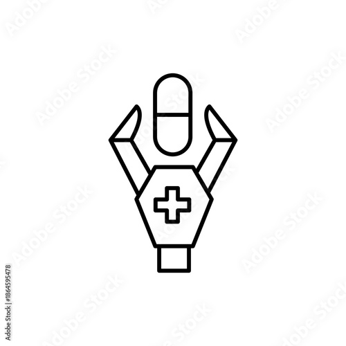 Robotic hand holding medical cross capsule. Suitable for medical, technology, healthcare concepts in websites, presentations, and design projects.