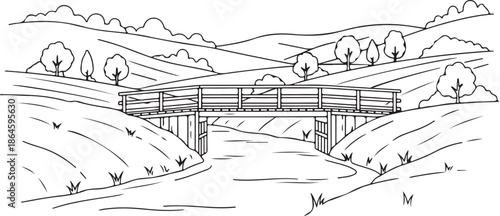 Modern Architectural Bridge Over Water in a Scenic Landscape, Connection Concept Vector Illustration