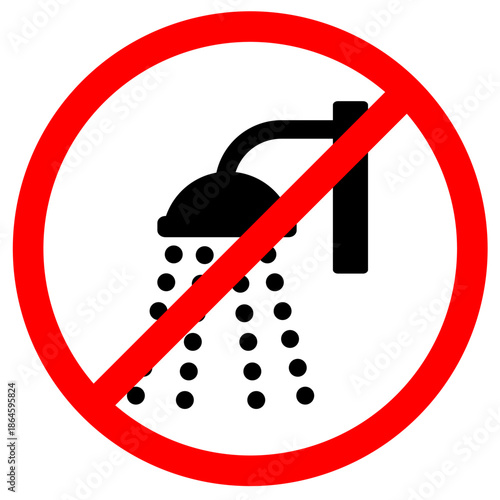 No shower signage printable with shower tap and water spread black colour silhouette editable vector illustration