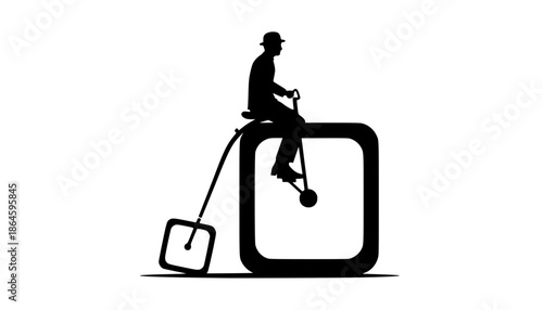 Surreal Silliness: Person on Square-Wheeled Penny-Farthing Bicycle Silhouette - Absurd Humor Vector