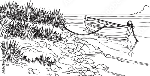 Traditional Wooden Fishing Boat Floating on Calm Water, Nautical Travel and Transport Vector