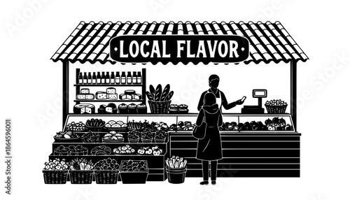 Local Flavor European Farmers Market Vendor Silhouette - Authentic Regional Culture Food Vector