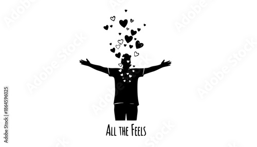 Emotional Release Silhouette: Person with Arms Open to Heart Rain - All the Feels Vector Art