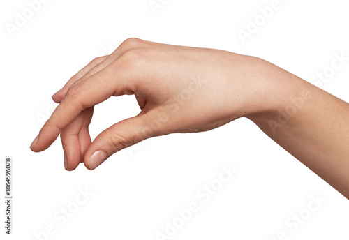 Female hand making a delicate gesture with fingers and thumb, indicating holding a tiny object, precise measurement, or preparing a finger snap on a white background