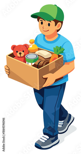 Young caucasian male delivering box of groceries and toys