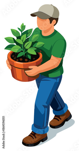 Young male carrying potted plant in casual attire, illustration style