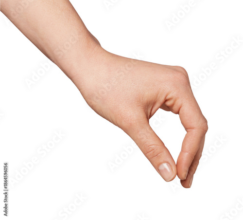 Female hand with index finger and thumb touching, representing the concept of precision, grasping, picking up, holding, or measuring a small object, isolated on a clean background