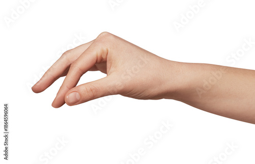 Human hand showing a pinching motion, with thumb and index finger close together, indicating the act of holding a small object, adding a pinch of seasoning, or emphasizing a small quantity