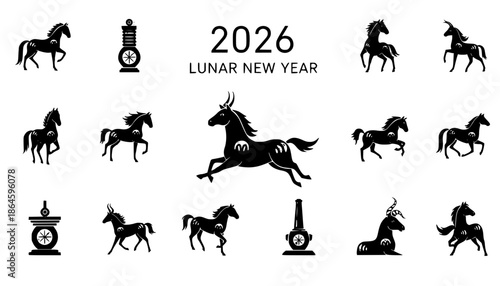 2026 Year of the Horse Lunar New Year Silhouette - Minimalist Geometric Zodiac Vector Icon