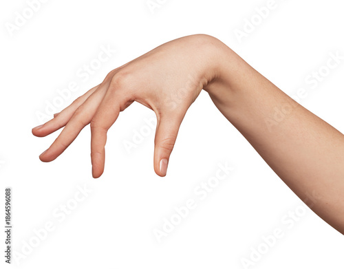 Obraz na płótnie Woman's left arm and hand gesturing a pinch or grasp, fingers curved downwards a