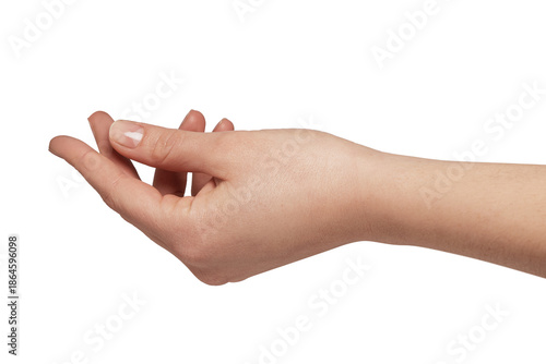 Canvas-taulu Woman hand with palm facing upwards extends, creating empty space for holding, r