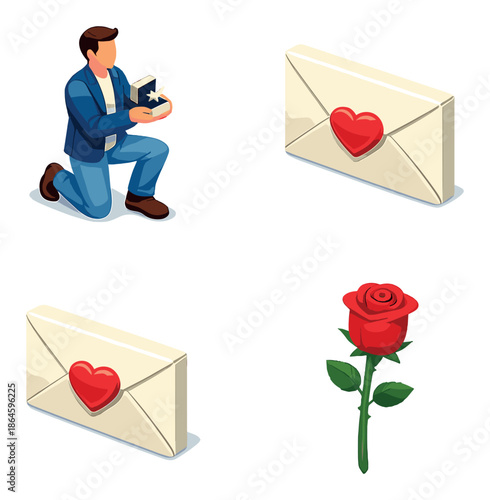 Romantic love concept with rose, heart-envelope, and man proposing with ring