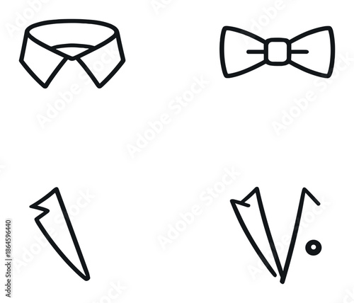 Minimalist icon set: collar, bow tie, pocket square, lapel pin on gray background