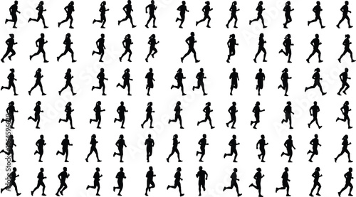 Set of running people silhouettes, active men and women jogging vector illustrations, marathon runners, athletic group icons, isolated on white background.