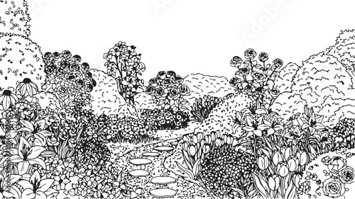 Vibrant Summer Garden Landscape with Flower Beds, Stone Path, and Sunny Outdoor Atmosphere Vector Background