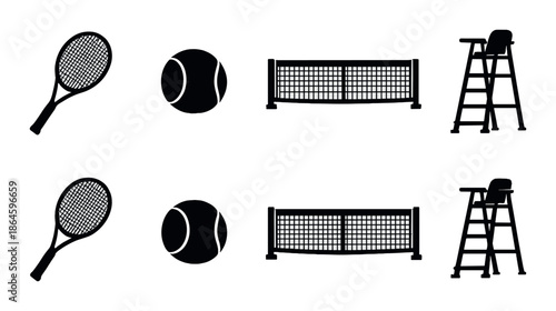 Silhouette tennis equipment including rackets, ball, net, and umpire chair