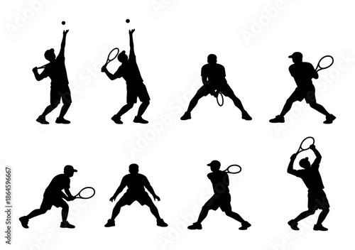 Silhouette of tennis players in various action poses