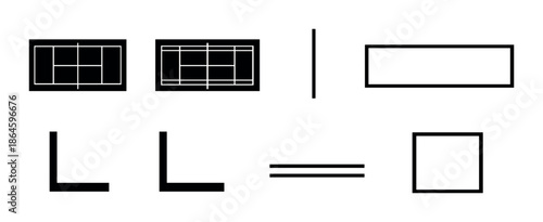 Minimalist black line shapes and geometric designs on gray background