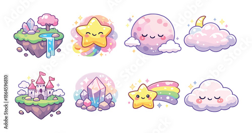 Cute fantasy icons: floating island, star, moon, castle, crystal, rainbow, cloud
