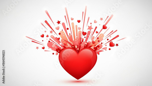 A glossy red heart exploding dynamically with numerous small hearts, stars, and abstract particles, symbolizing joy and celebration.